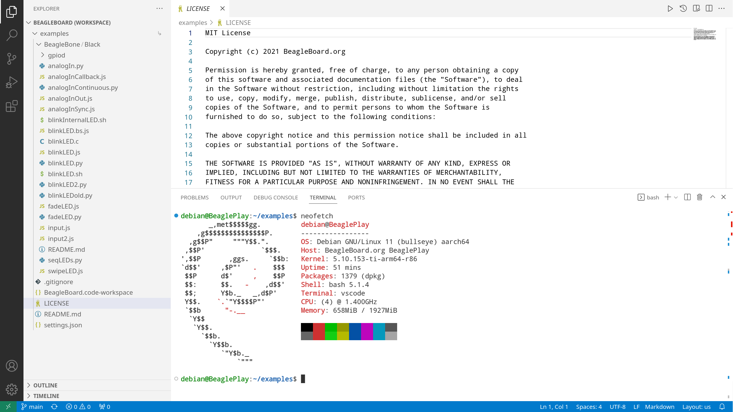 BeaglePlay VSCode IDE (192.168.7.2:3000)